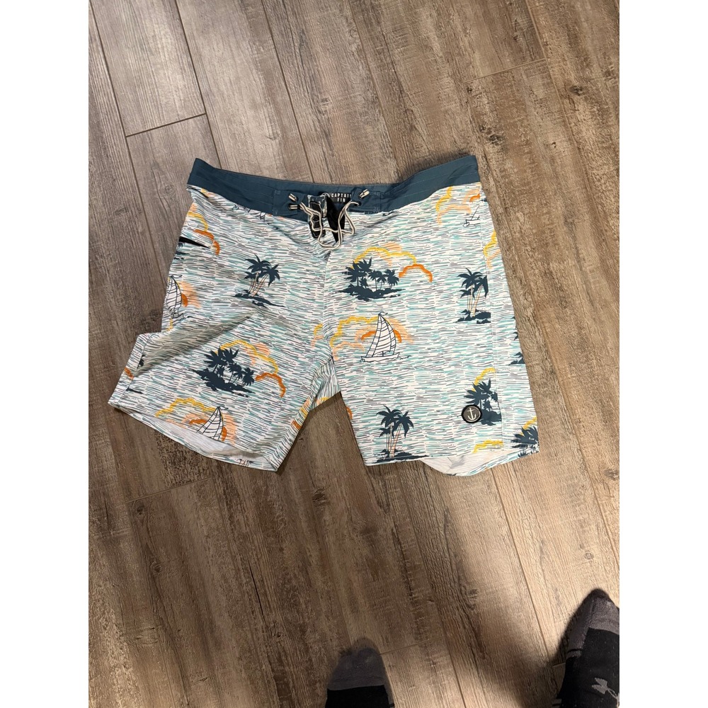Captain Fin Mens Tropical Palm Tree Sailboat Board Shorts Teal White Size 34